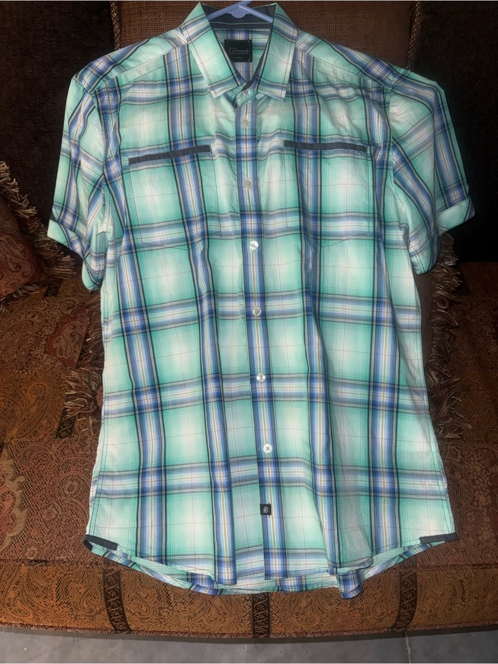 7 Diamonds  Large
Men's Plaid Short-Sleeve Button-Up Shirt - Teal/Blue